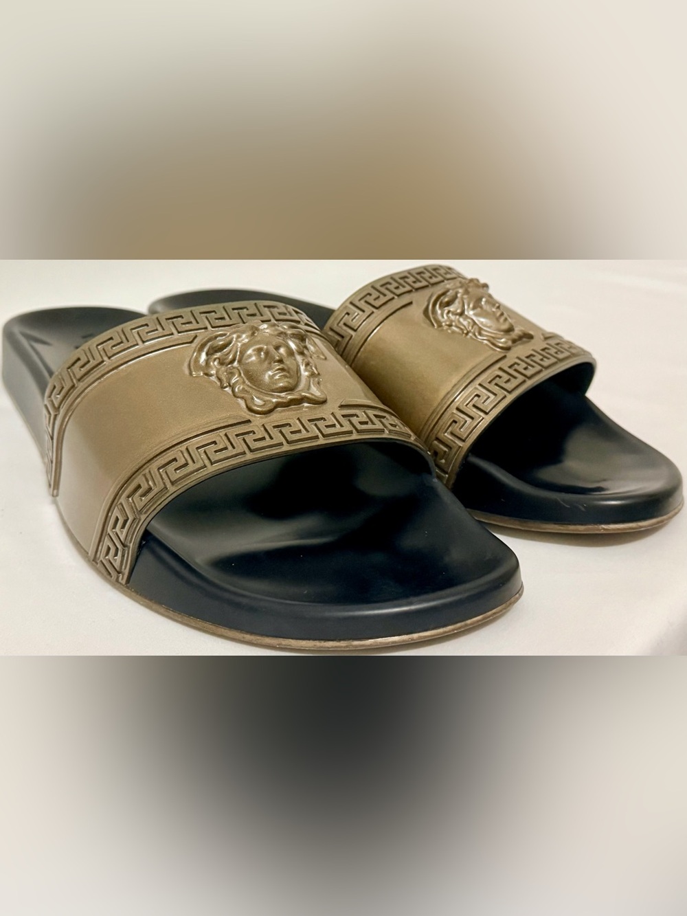 Versace Palazzo Medusa Greek Key Metallic Gold Black Mens Slide Sandals ~US 12